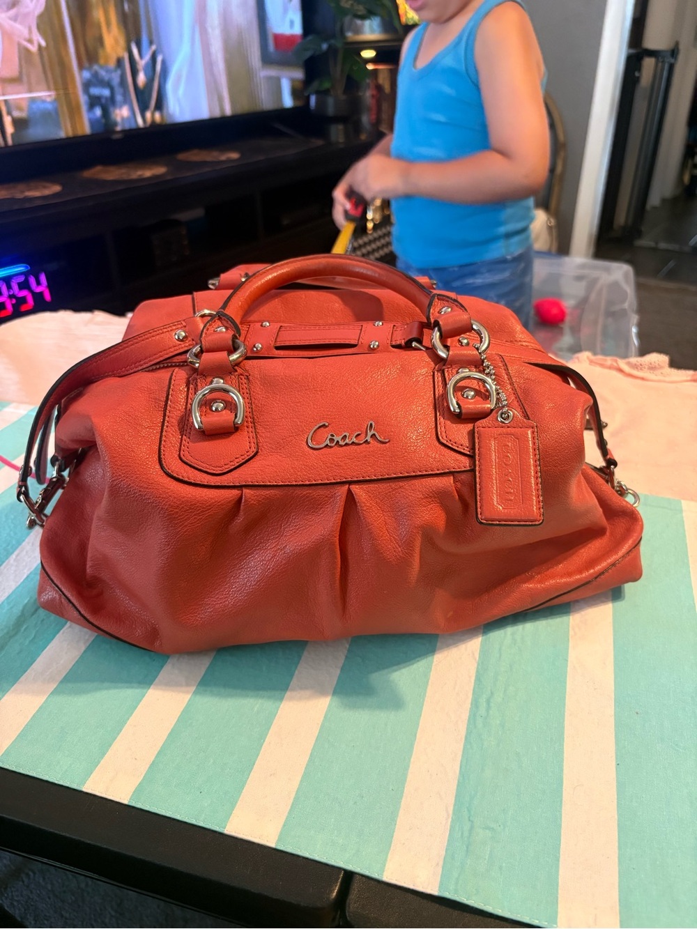 Coach Orange Leather Ashley Satchel with Top Handles and Signature Tag
